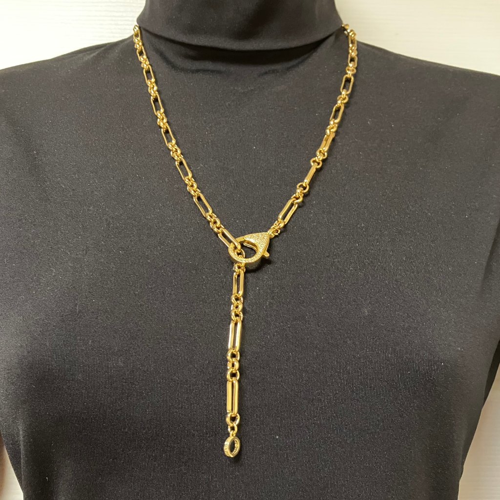 Last 18k Real Gold-Plated Paper Clip 25-Inch Chain Cubic Zirconia Clasp